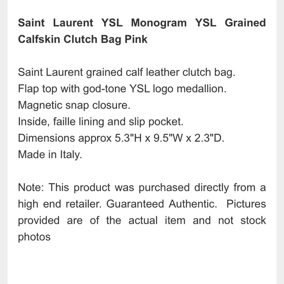 YSL Saint Laurent Pink Leather Clutch NEW - Picture 7 of 7